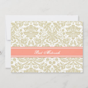 Coral Beige Damask Bat Mitzvah Invitations
