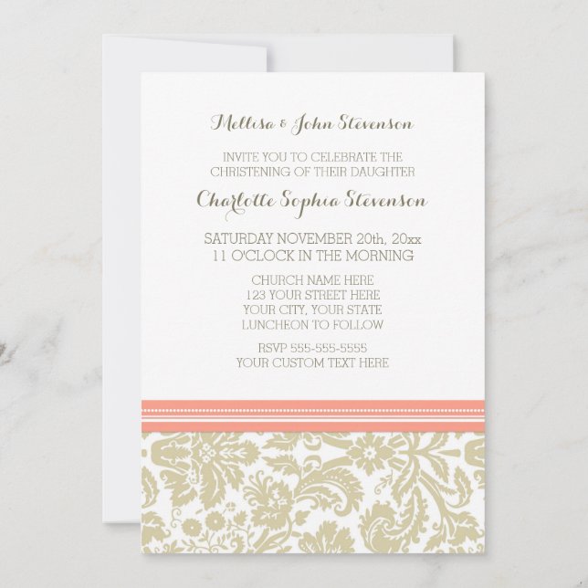 Coral Beige Damask Christening Invitation (Back)