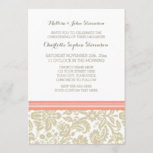 Coral Beige Damask Christening Invitation