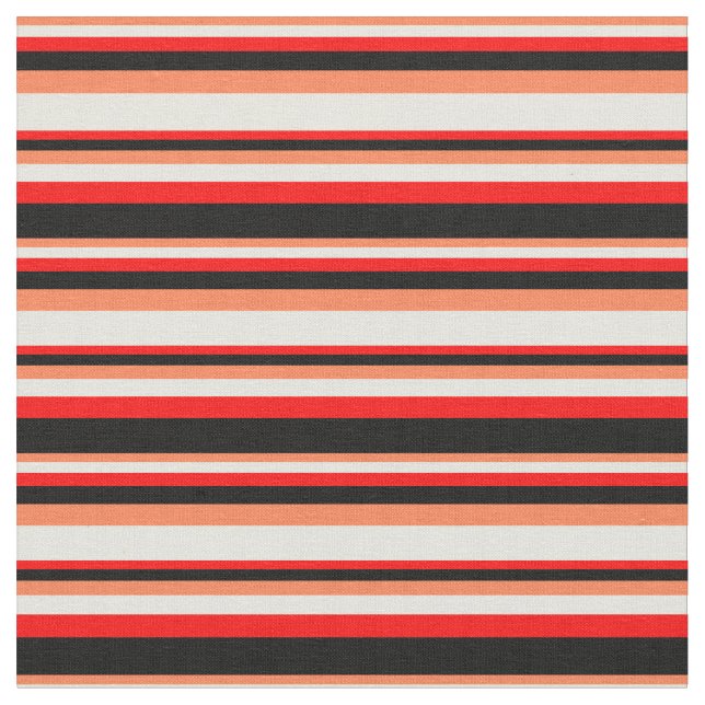 Coral, Beige, Red & Black Coloured Lined Pattern Fabric (Close Up)