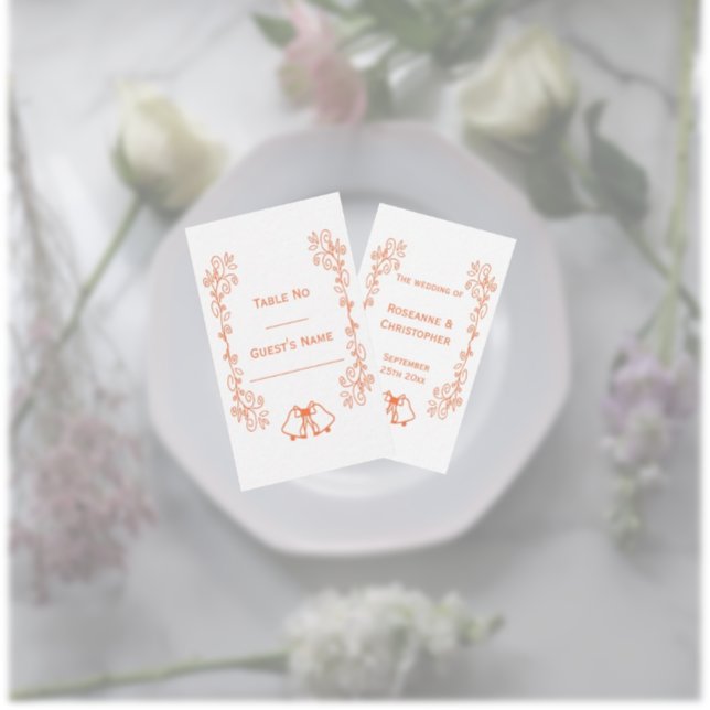 Coral Bells Scrollwork Design Wedding Place Card (Coral wedding place setting card bells and scrollwork design)