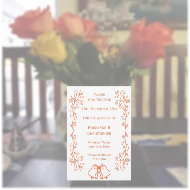 Coral Bells Scrollwork Design Wedding Save The Date (Coral wedding save the date bells and scrollwork design)