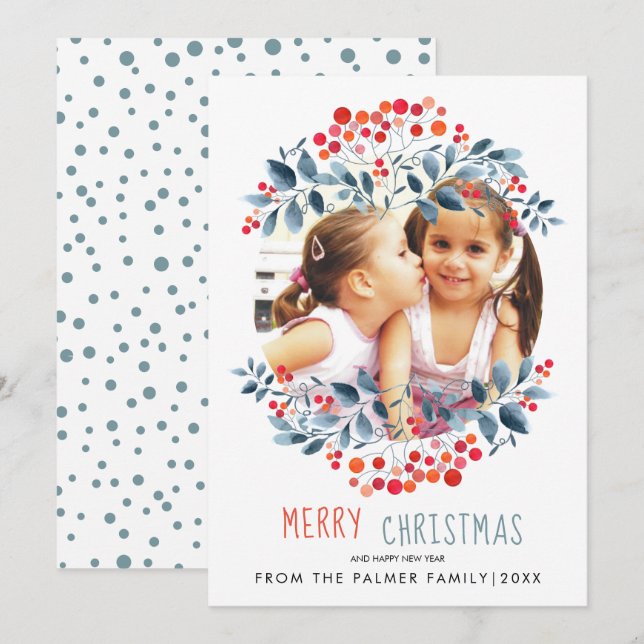 Coral berries, dusty blue leaves Christmas photo H Holiday Card (Front/Back)