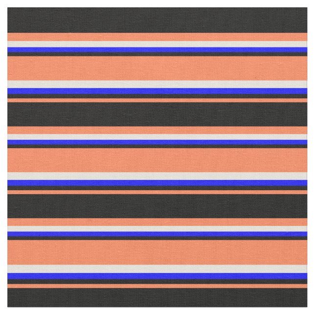 Coral, Black, Blue, and Beige Coloured Pattern Fabric (Close Up)