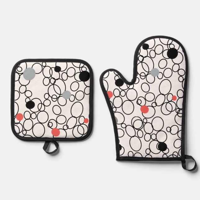 Coral Black White Circles, Dots Oven Mitt & Pot Holder Set (Front)