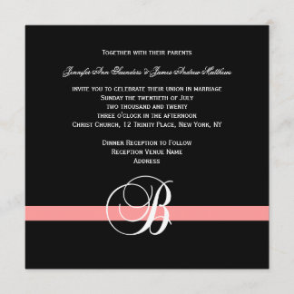 Coral Black White Monogram B Wedding Invitation
