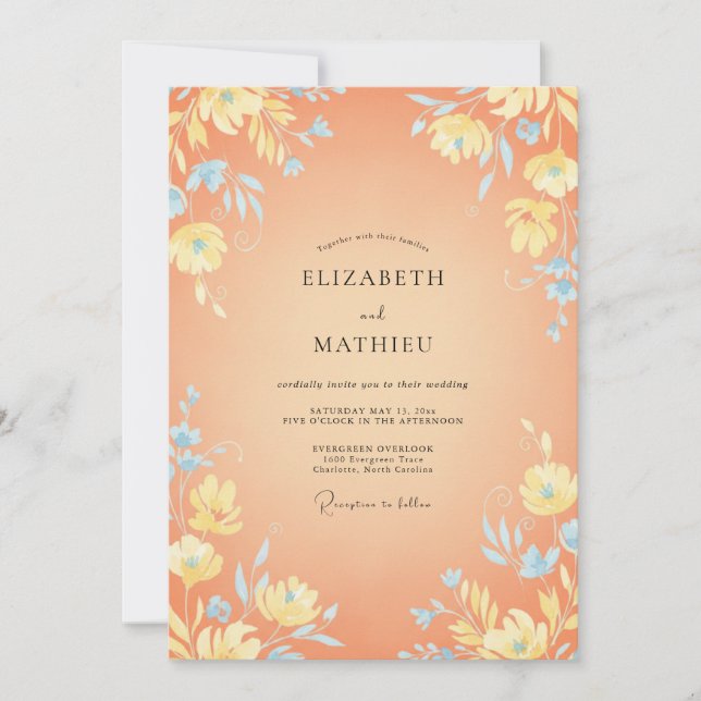 Coral Blooming Meadow Wedding Invitation (Front)