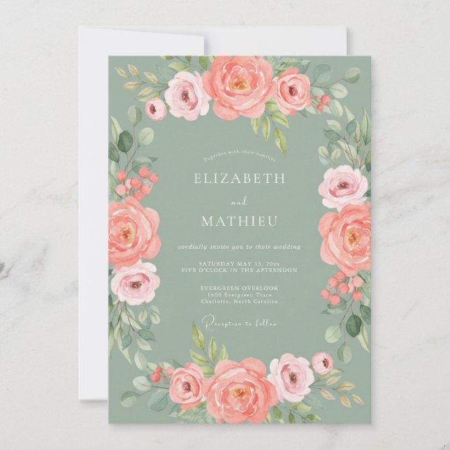 Coral Blossom Border Wedding Invitation (Front)