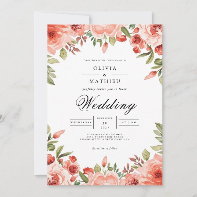 Coral Blossom Botanical Flourish Wedding Invitation (Front)