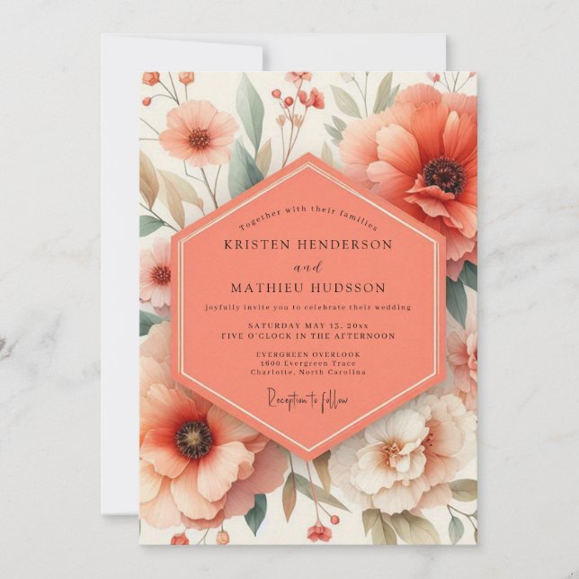 Coral Blossom Romance Wedding Invitation (Front)