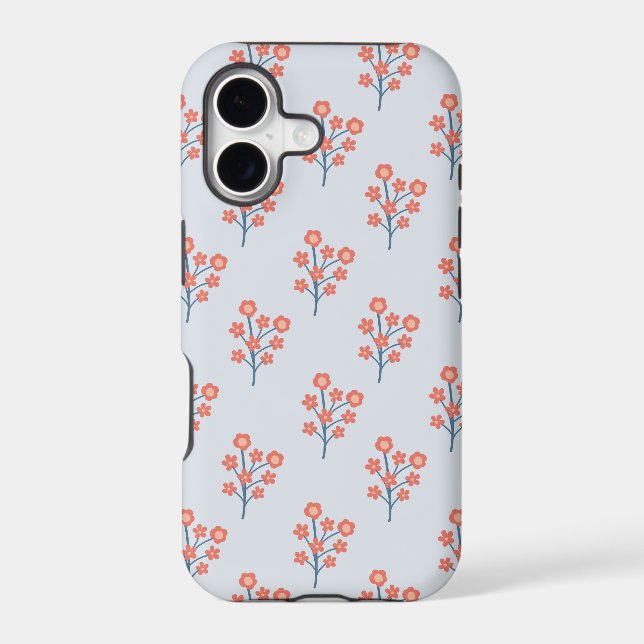 Coral Blossom Sprigs on Misty Blue Pattern  (Back)