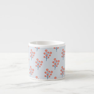 Coral Blossom Sprigs on Misty Blue Pattern Espresso Cup