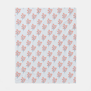 Coral Blossom Sprigs on Misty Blue Pattern Fleece Blanket