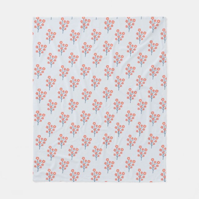 Coral Blossom Sprigs on Misty Blue Pattern  Fleece Blanket (Front)
