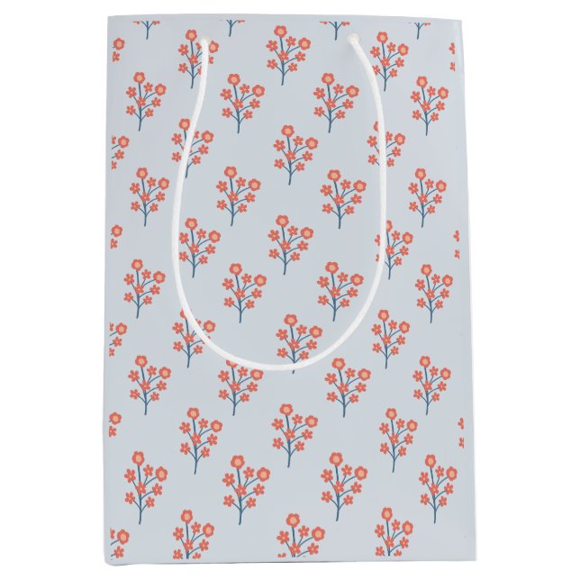 Coral Blossom Sprigs on Misty Blue Pattern  Medium Gift Bag (Front)