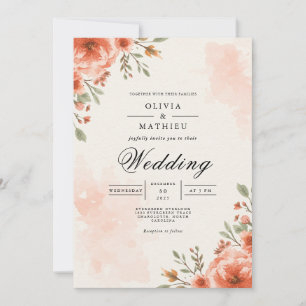 Coral Blossom Watercolor Wedding Invitation