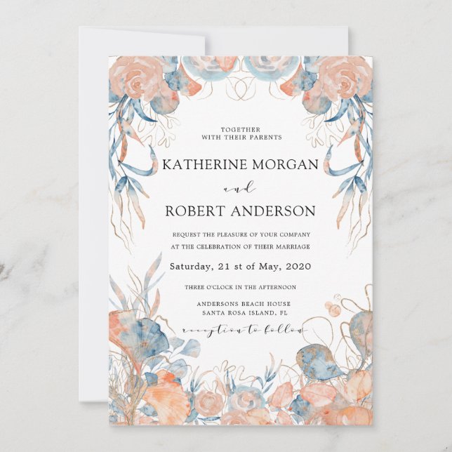coral blue airy floral romantic Wedding Invitation (Front)
