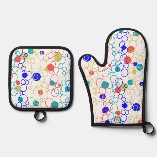 Coral Blue Aqua Modern Circles Dots Oven Mitt & Pot Holder Set (Front)