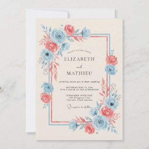 Coral Blue Blooming Romance Wedding Invitation
