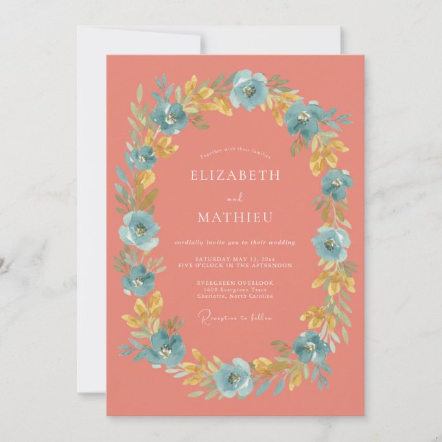 Coral Blue Blossom Arch Wedding Invitation (Front)