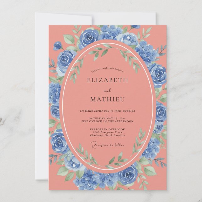 Coral Blue Blossom Wedding Invitation (Front)