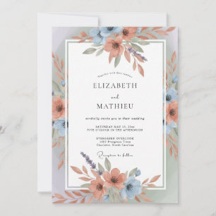 Coral Blue Breezy Spring Wedding Invitation