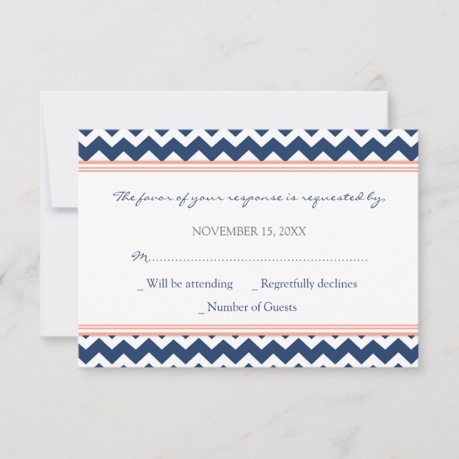 Coral Blue Chevron RSVP Wedding Card (Front)