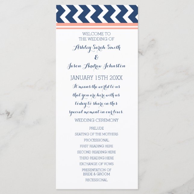 Coral Blue Chevron Wedding Program (Front)