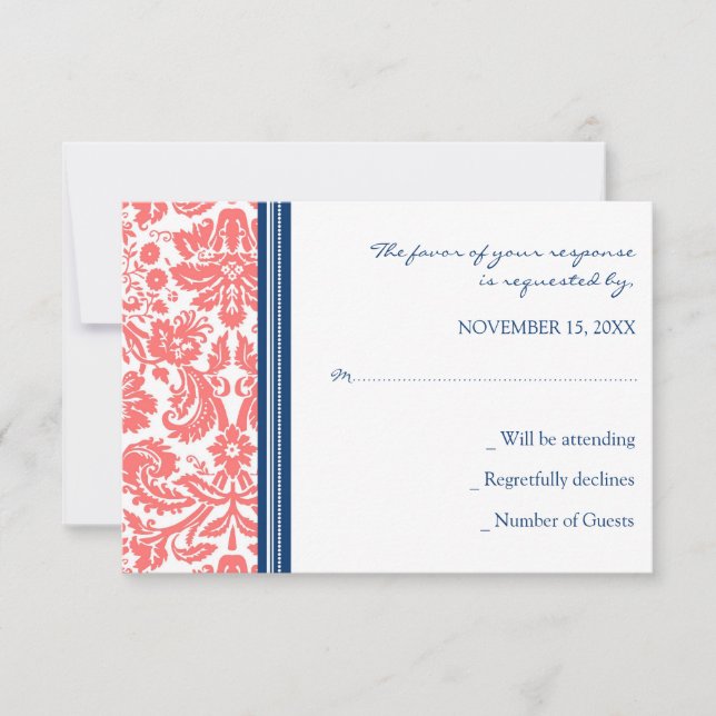 Coral Blue Damask RSVP Wedding Card (Front)