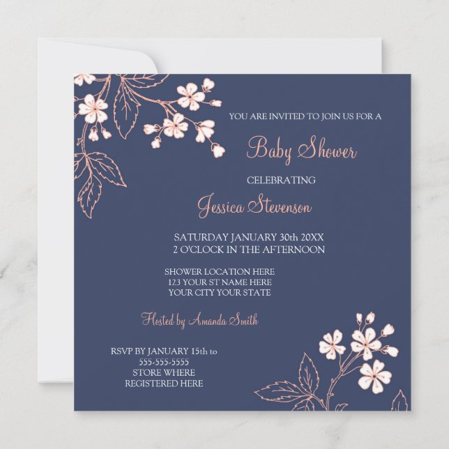 Coral Blue Floral Custom Baby Shower Invitations (Back)