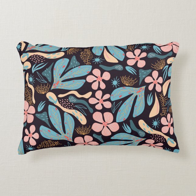 Coral Blue Floral Dark Print Accent Pillow (Front)