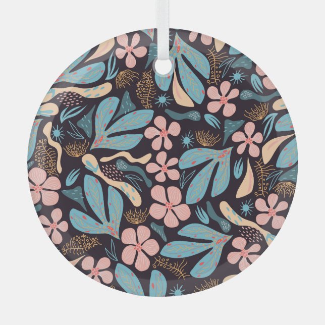 Coral Blue Floral Dark Print Glass Ornament (Front)