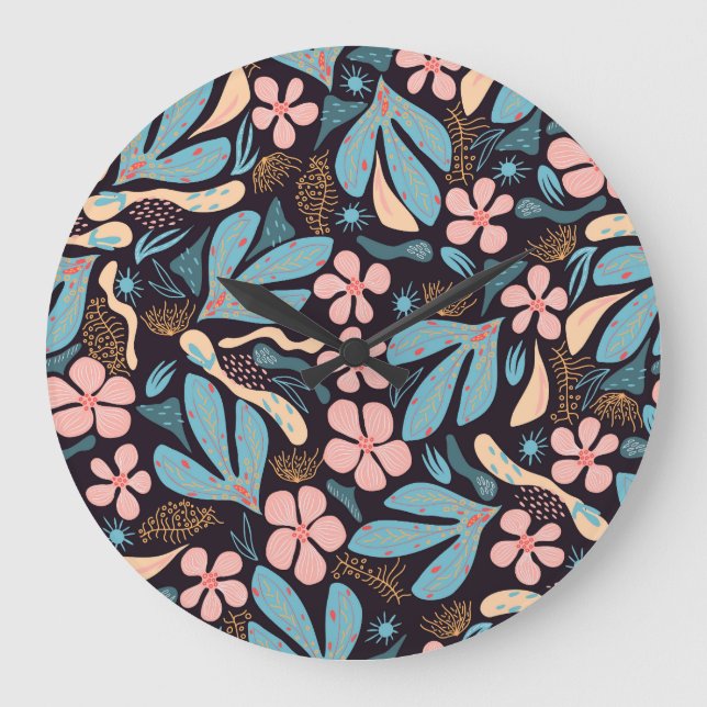 Coral Blue Floral Dark Print Large Clock (Front)