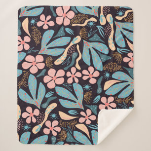 Coral Blue Floral Dark Print Sherpa Blanket