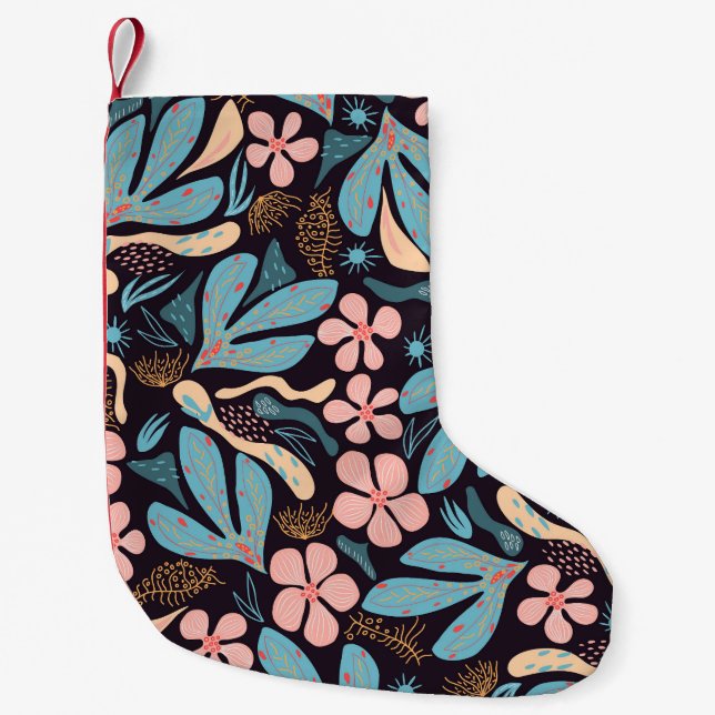 Coral Blue Floral Dark Print Small Christmas Stocking (Front)