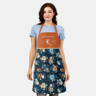 Coral & Blue Floral Pattern Family Monogram Apron