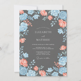 Coral Blue Floral Romantic Wedding Invitation