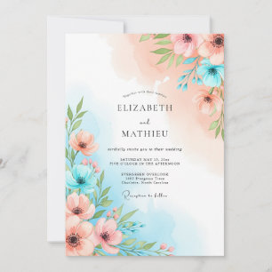 Coral Blue Floral Whimsy Wedding Invitation