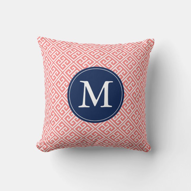 Coral Blue Greek Key Pattern Monogram Throw Pillow (Front)