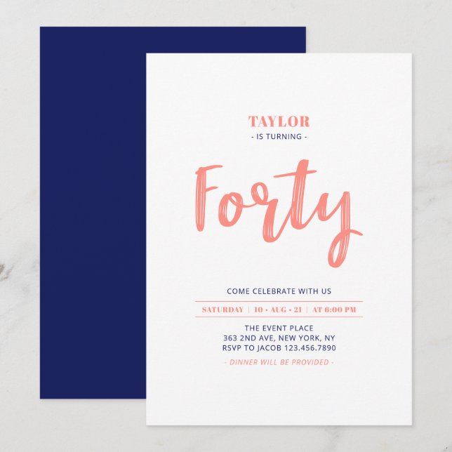 Coral & Blue Lettering Forty 40th Birthday Party Invitation (Front/Back)