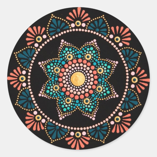 Coral Blue Mandala, Sacred Geometry Boho Ethnic Classic Round Sticker (Front)