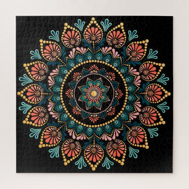 Coral Blue Mandala, Sacred Geometry Boho Ethnic Jigsaw Puzzle (Vertical)