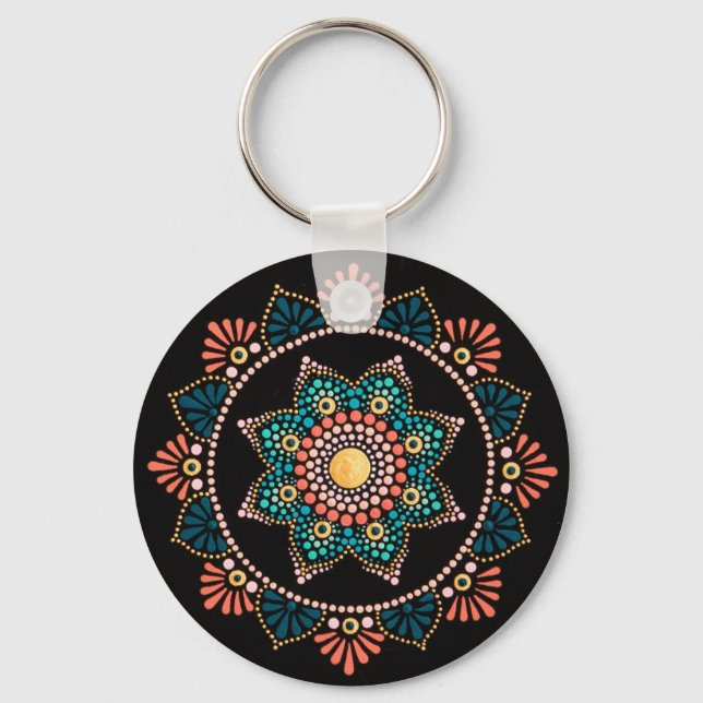 Coral Blue Mandala, Sacred Geometry Boho Ethnic Keychain (Front)