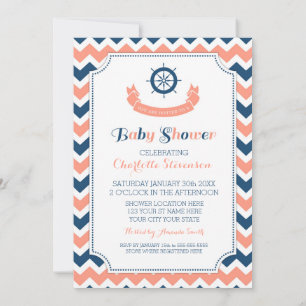 Coral Blue Nautical Custom Baby Shower Invitations