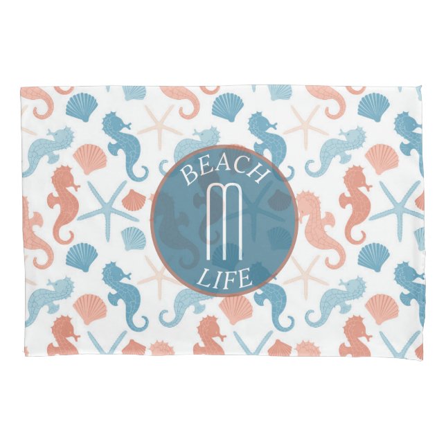 Coral Blue Nautical Monogram Pillowcase (Front)