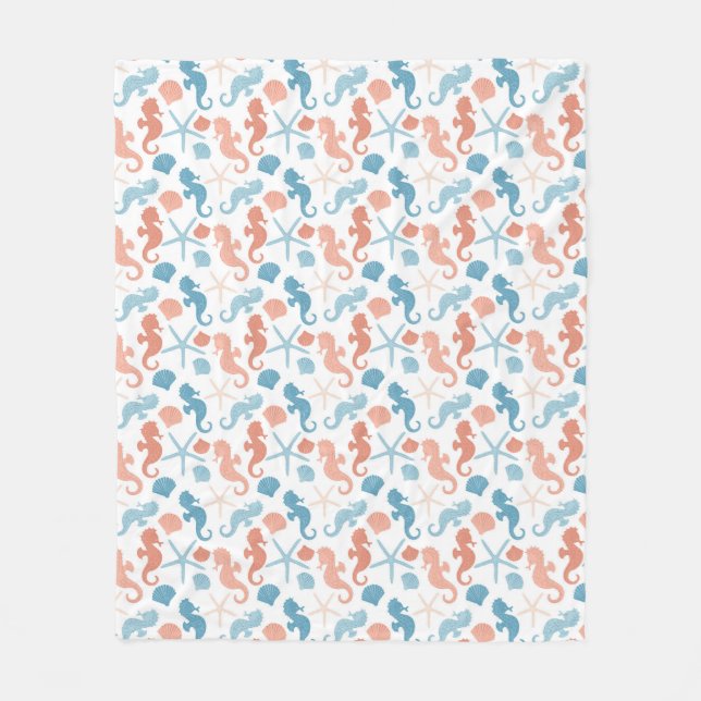 Coral Blue Nautical Pattern Fleece Blanket (Front)