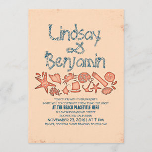 coral blue nautical seaside wedding invitations