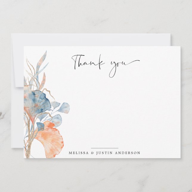 coral blue romantic floral thank you Note Card (Front)