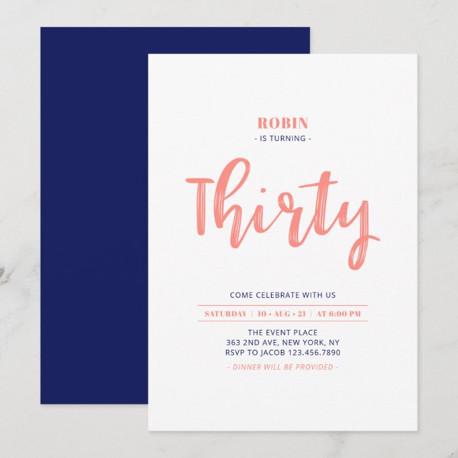Coral & Blue Simple 30th Birthday Party Invitation (Front/Back)
