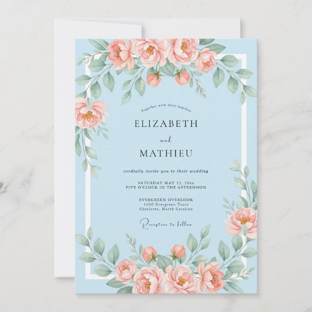 Coral Blue Soft Floral Wedding Invitation (Front)